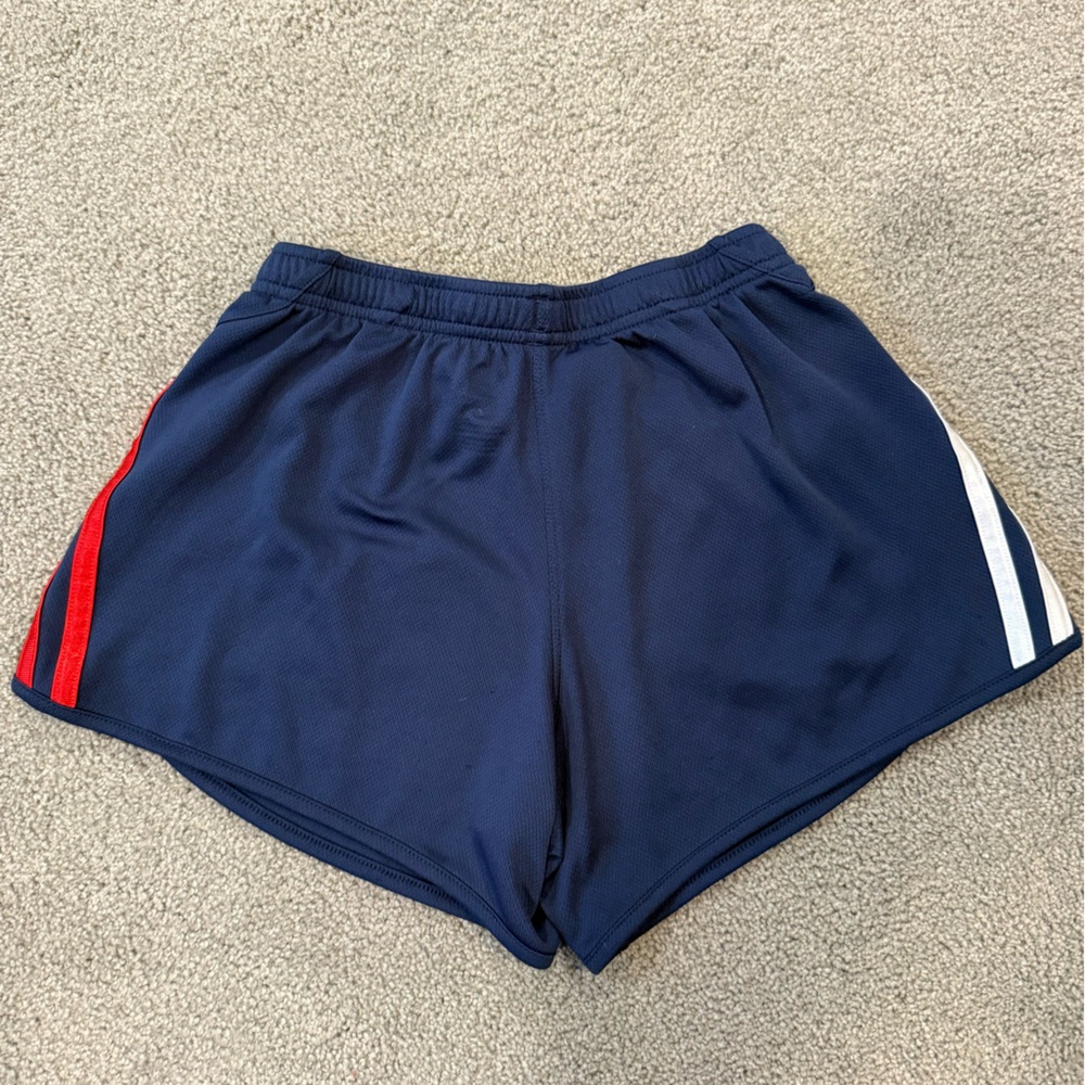 Adidas Girls Dark Blue Athletic Shorts with Red and White Stripes - Picture 3 of 5